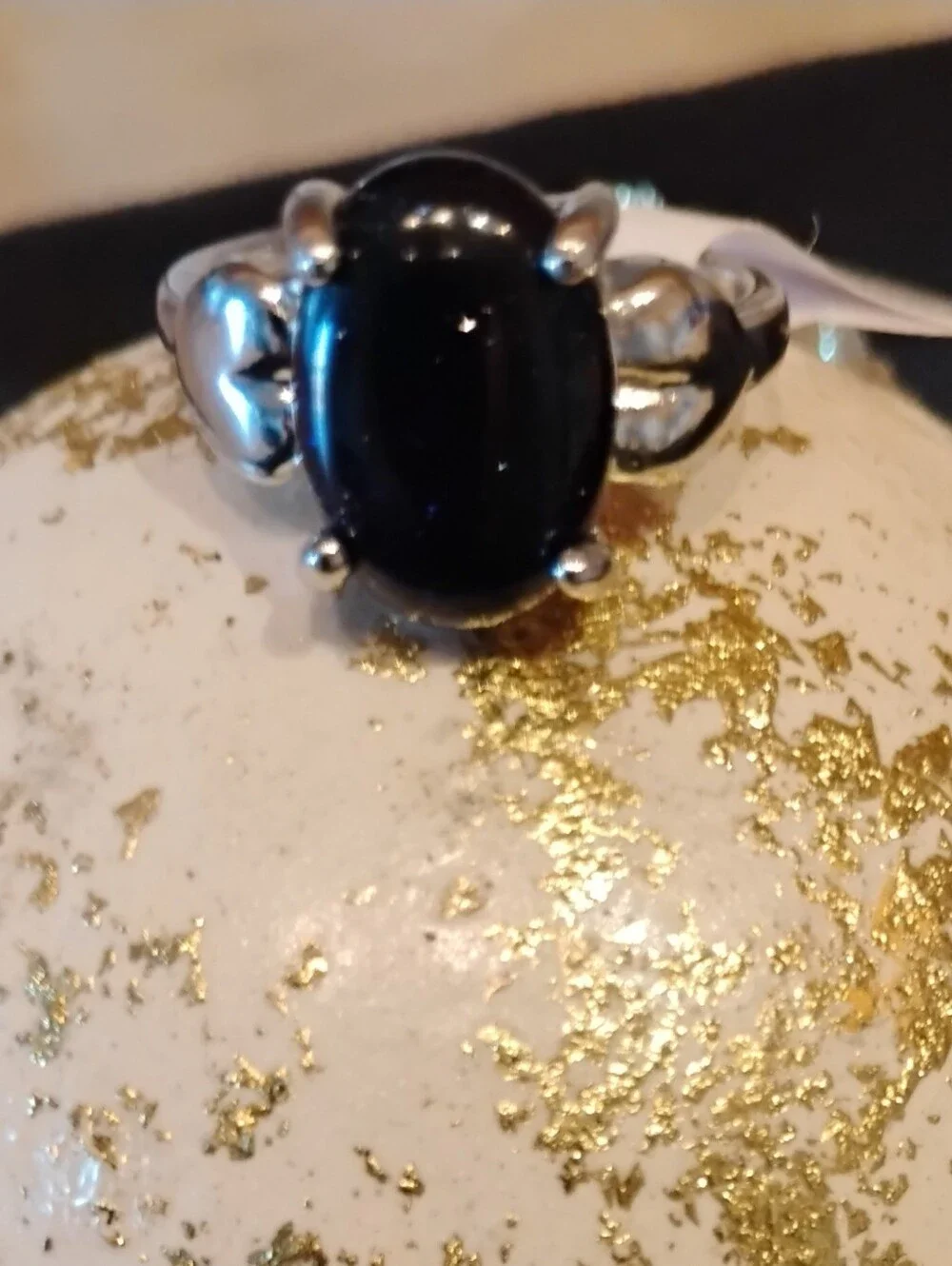 Silver Ring with Dark Blue Oval Gemstone Silver Puffed Hearts On Each Side